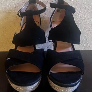 Nine West Black Suede Buckle Wedge Sandal